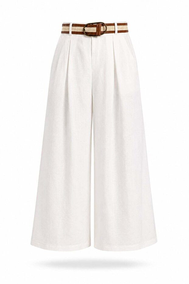 White Belted Linen Blend Trousers 51405