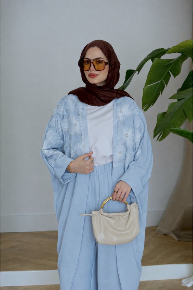 Tulle Floral Embroidered Bat Sleeve Linen Suit