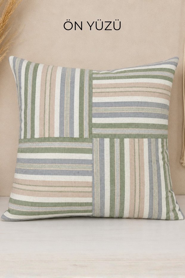 42X42 Patchwork Throw Pillow – Colorful Striped Silicone Filled Decorative Linen-Look Pillow - Bohemian Pillow