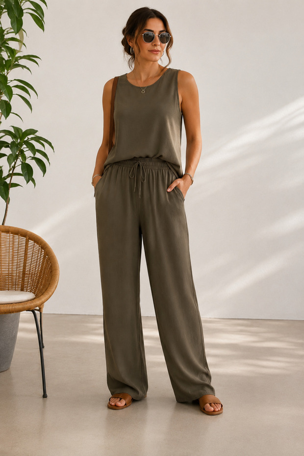 New Season Modal Tensel Fabric Thick Strap Double Set – Khaki