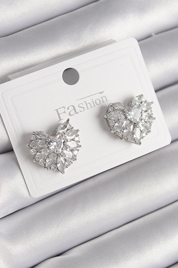 Brass Silver Color Zircon Stone Heart Model Women's Earrings