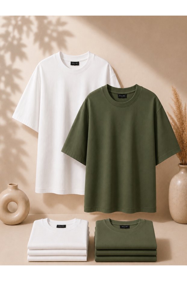 2-Pack Unisex White-Khaki Oversize T-Shirt Set - Crew Neck Basic T-Shirt