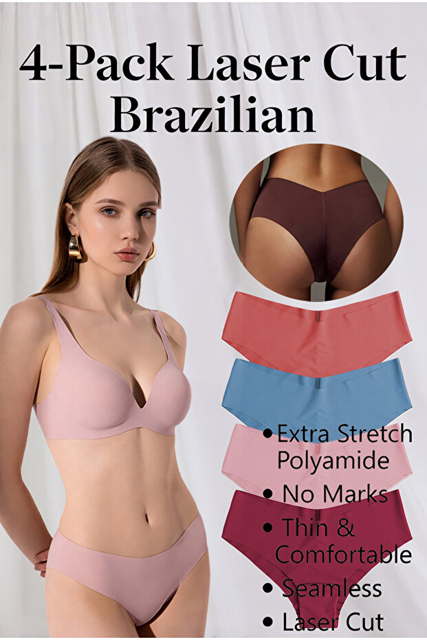 V Shape Premium Brazilian Seamless Slip Panties, Vibrant Colors, 4-Pack