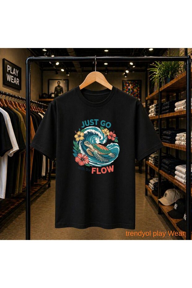 Just Go Flow Printed 100% Cotton Oversize Loose Regular Fit Crew Neck T-Shirt