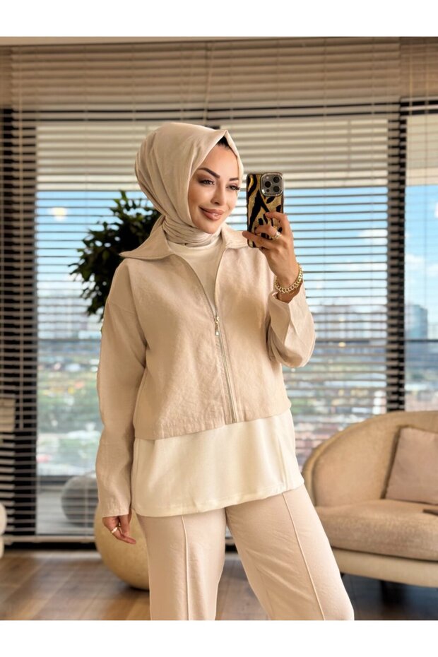 22881 طقم بدون أكمام مع قميص داخلي 3 قطع بيج