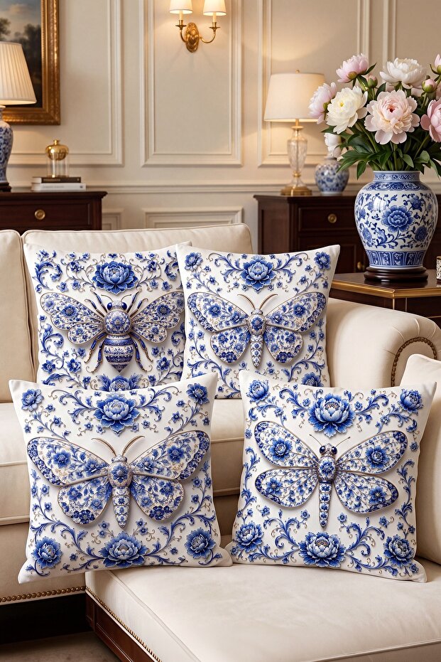 Tile Embroidered Flying Pattern 4-Piece Throw Pillow Cover Set