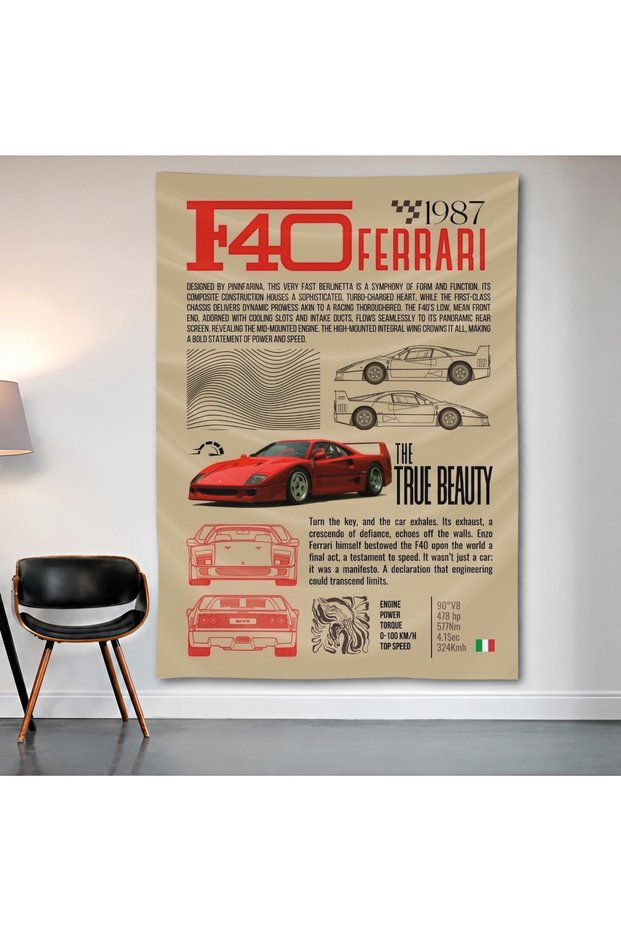 Ferrari F40 Blueprint Wall Covering Wall Tapestry First Quality Satin Fabric Poster