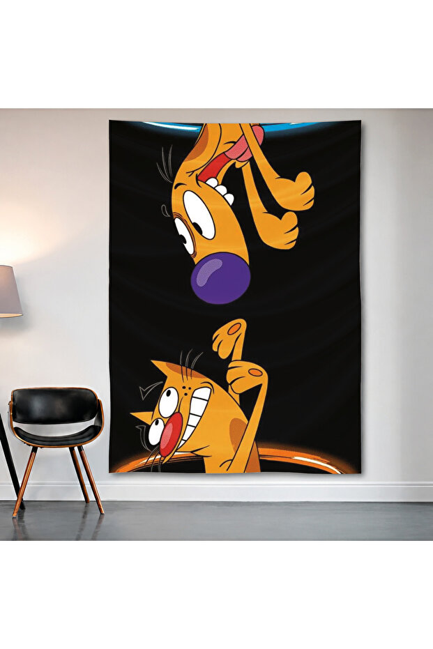 Catdog Minimal Wall Covering Wall Tapestry First Quality Satin Fabric Poster
