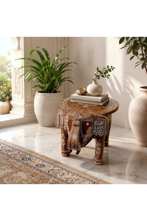 Handcrafted Wooden Elephant-Shaped Decorative Table & Stool Rajasthani Art(W:11''D:14.5''H:12'')