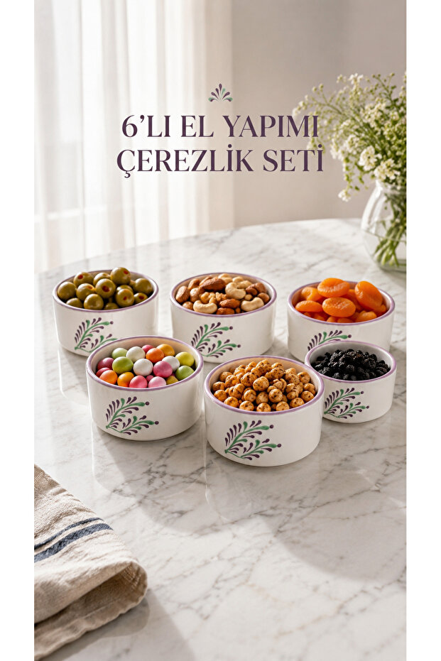 Lavira Series Handmade Ceramic Soufflé Bowl Set of 6 - Ice Cream Snack Bowl Presentation Bowl - Lavender Patterned Purple Edged Oven & Microwave Compatible