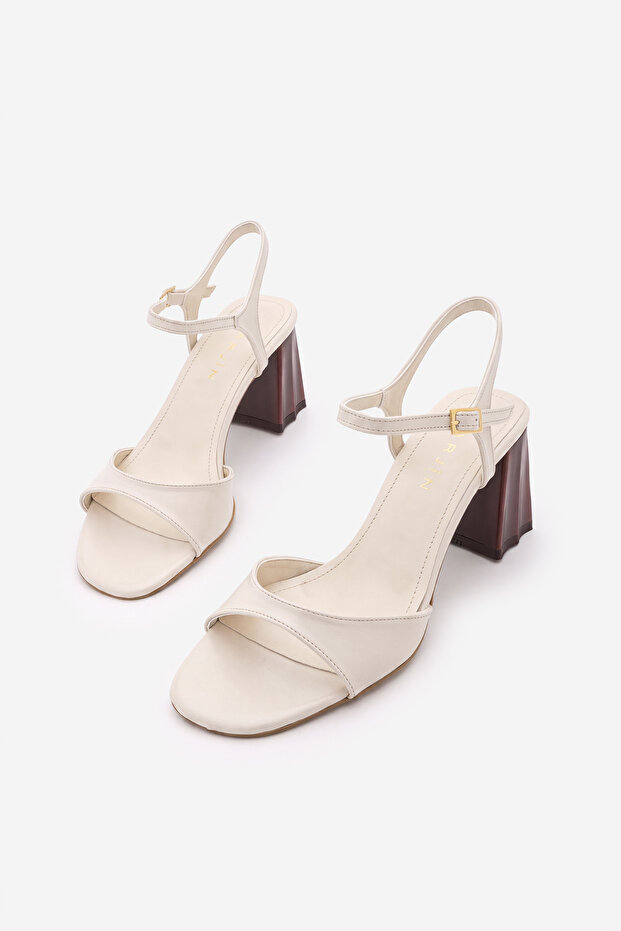 Women's Blunt Toe Wood Patterned Heel Ankle Strap Classic Heeled Sandals Sirena Ecru