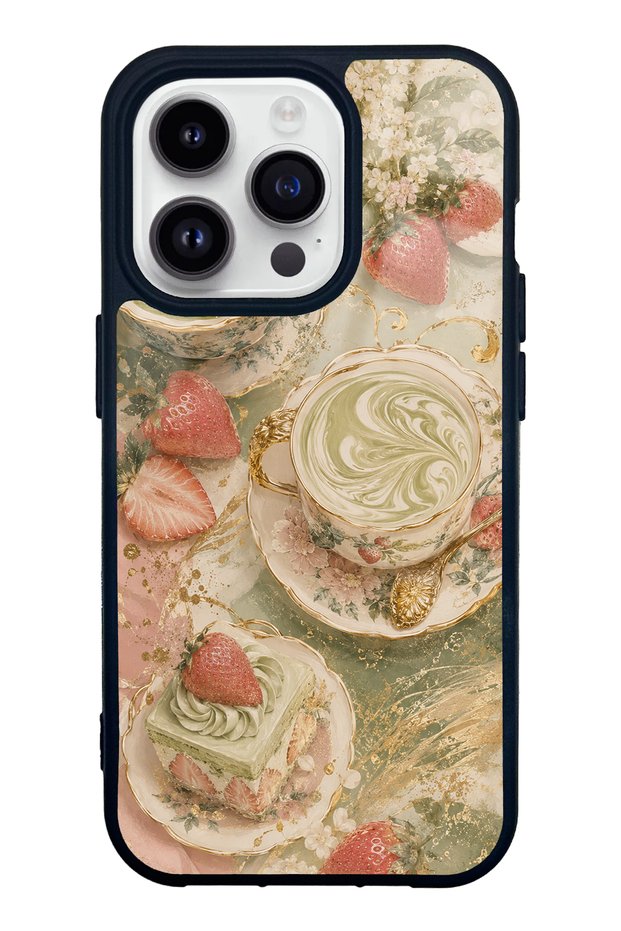 iPhone 14 Pro Glossy Phone Case with Sage Strawberry Matcha Design