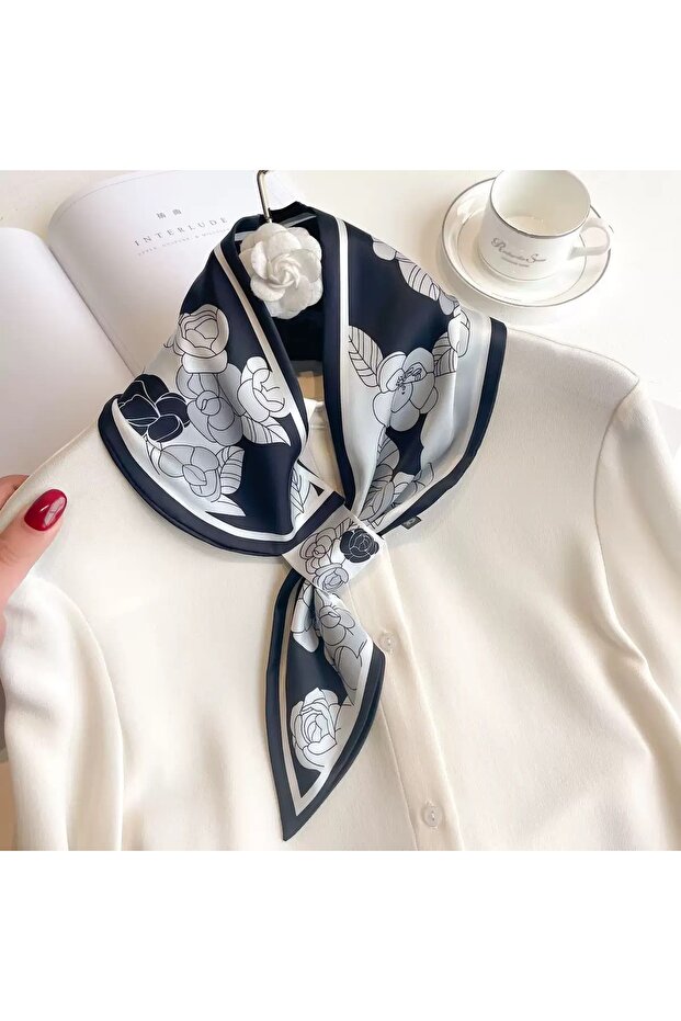Women's Black and White Floral Pattern Satin Tie Scarf Neck Scarf Hair and Bag Accessory