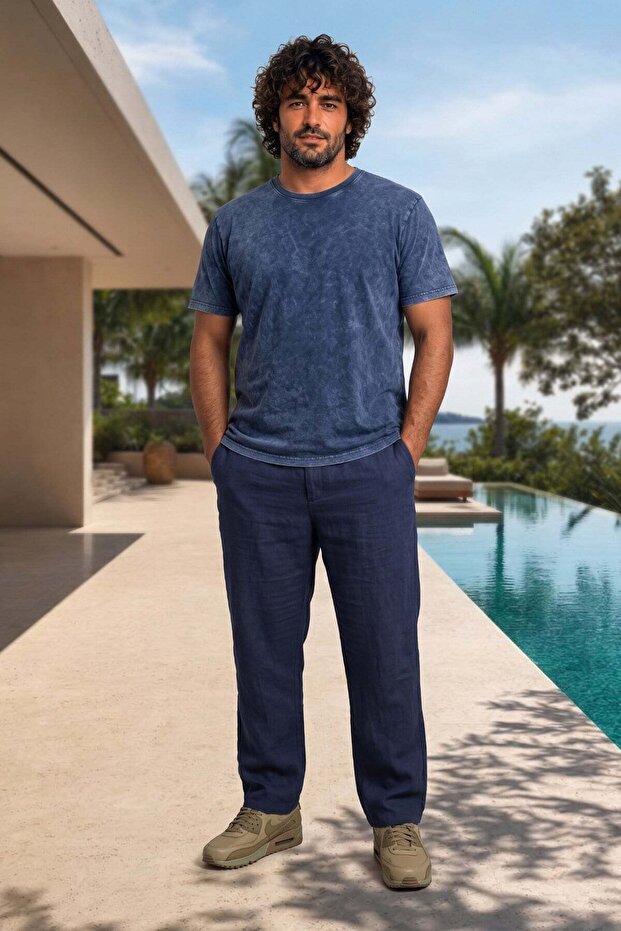 Men's Large Size Linen Trousers with Side Pockets 11931 Navy Blue