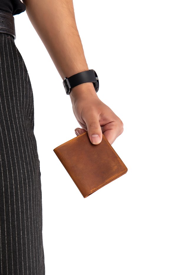 Genuine Leather Tan Card Holder with Money Compartment and Magnetic Closure