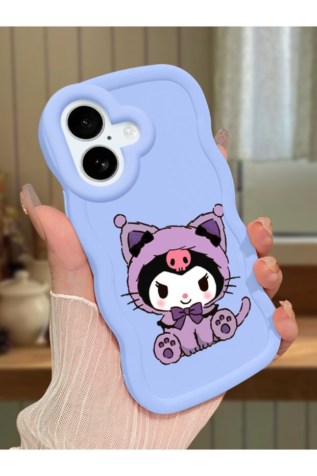 iPhone 16 Compatible Case with Camera Protector Blue Silicone Couple Phone Case Kuromi Pattern