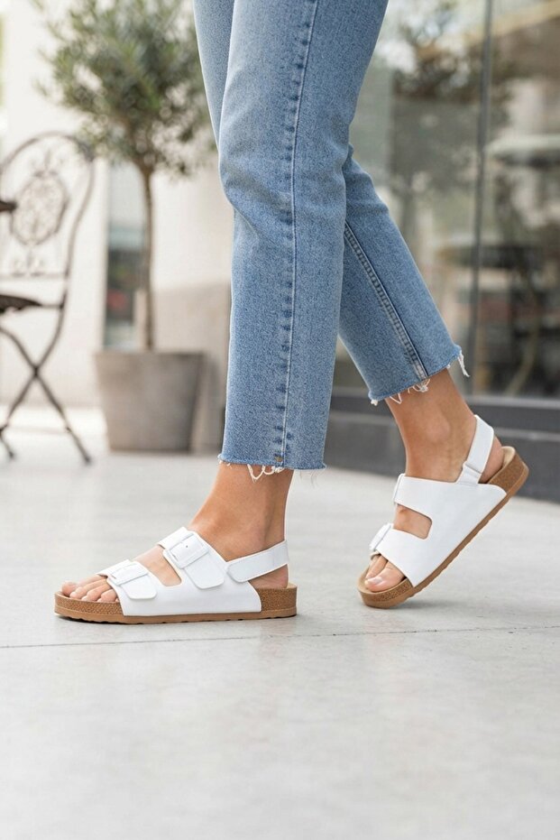 White Double Buckle Comfortable Velcro Daily Women's Sandals