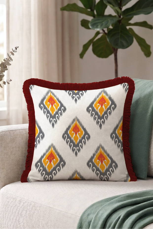Ethnic Ikat Patterned Fringed Pillowcase - Authentic Anatolian Bohemian Gray Burgundy Tassel Throw Pillow Cover