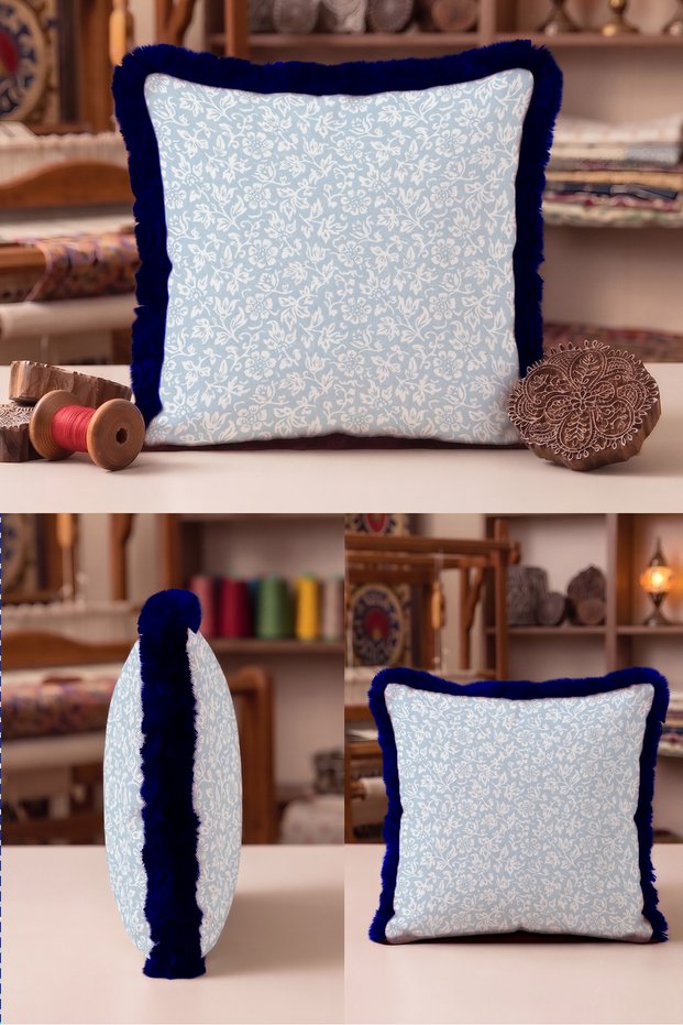 Floral Design Fringe Pillowcase - Vintage Botanical Light Blue Navy Blue Tassel Throw Pillow Cover