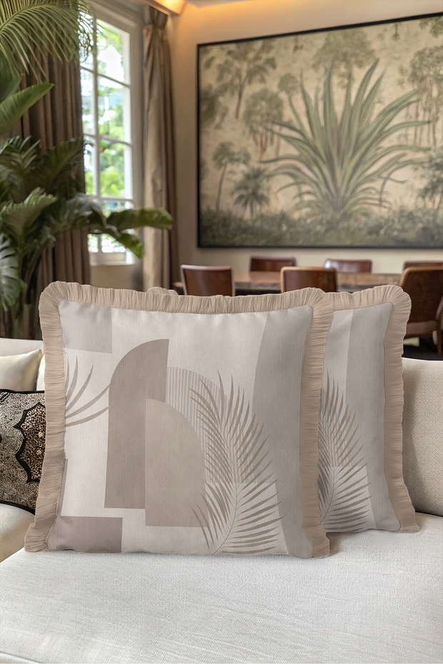 Bohemian Abstract Palm Pattern Fringed Pillowcase-Tropical Nordic Mink Cream Tassel Throw Pillow Cover