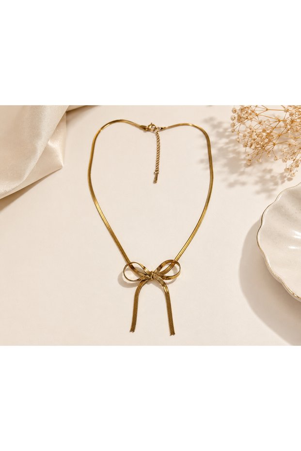 Bow Detailed Gold Steel Italian Chain Women's Necklace