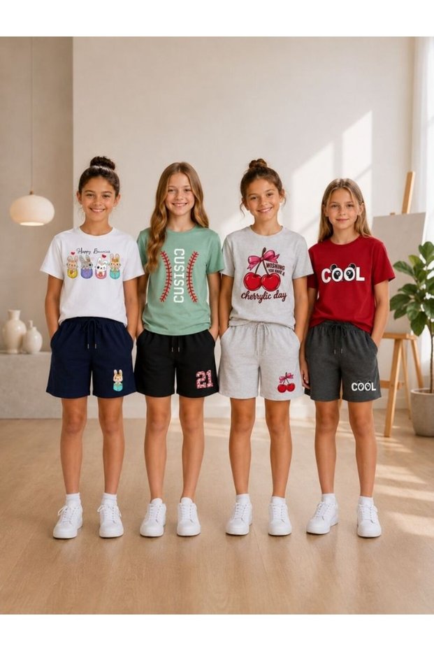 Armikids Girls' 4-Piece Summer Shorts Set Multi-Color Printed Set