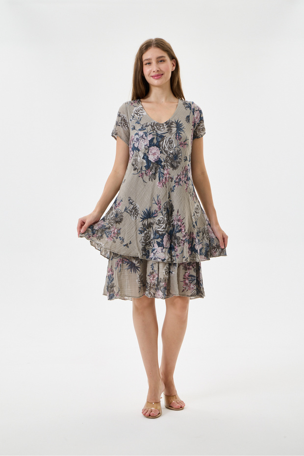 Mink Italian Floral Patterned Lined Short Dress Size 38 - 42