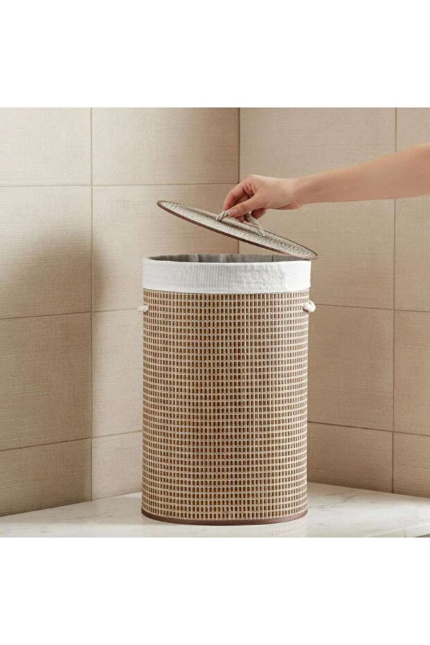 Shanta Foldable Bamboo Round Storage Hamper with Handle 40x30x60cm - Natural