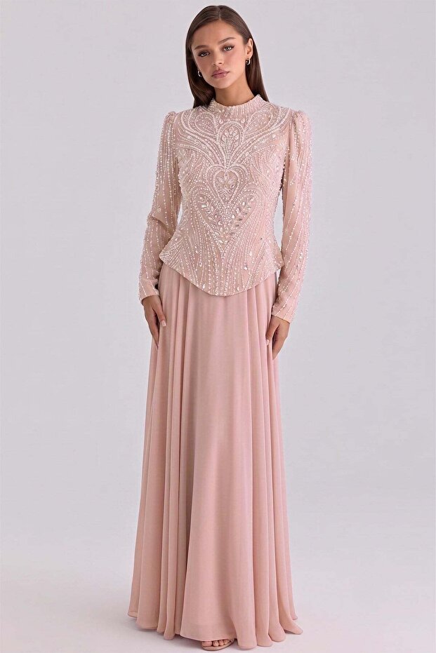 Sequin and Pearl Embroidered Chiffon Combination Plus Size Exclusive Hijab Evening Dress Pudra 1099