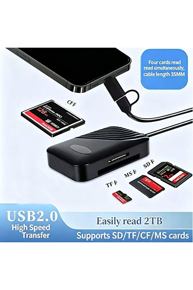 قارئ بطاقات ذكي USB 2.0 بأربع فتحات 8 في 1، منفذ USB 3.0 نوع C، يدعم بطاقات SD وMicro SD وTF وCF وMS وCompact Flash