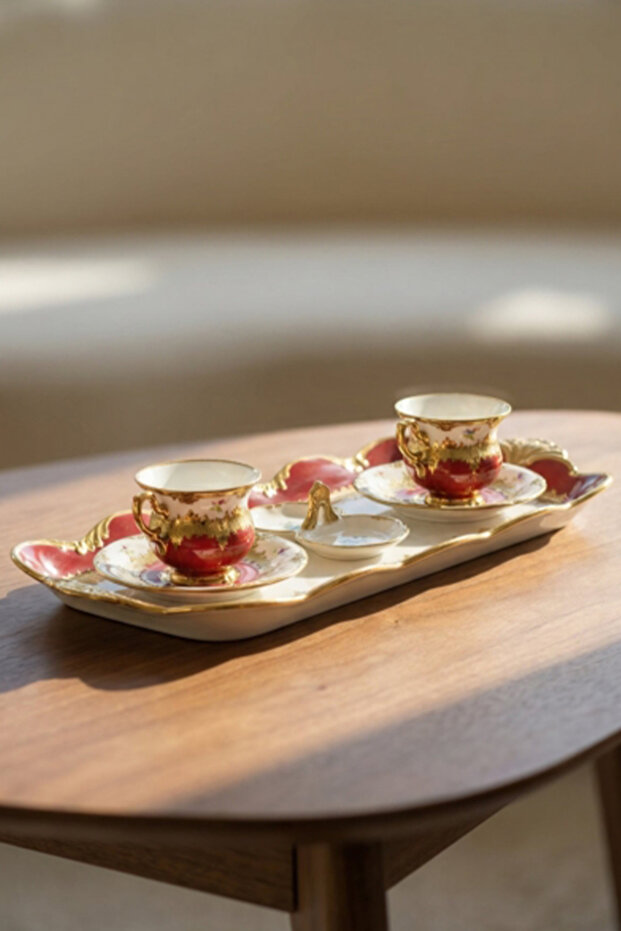 Isabel Red 6-Piece Porcelain Coffee Cup Set for 2 People with Tray - 90 ml