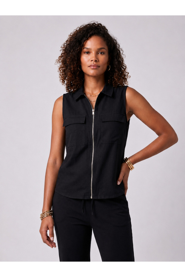 100% Cotton Double Pocket Zippered Black Women's Vest