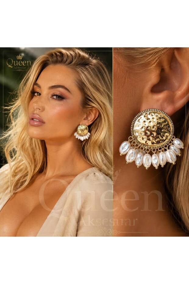 Trend Fashion Luxury Dangle Tassel Shakira Metal Gold Golden Stainless Steel Earrings with White Pearl Beads