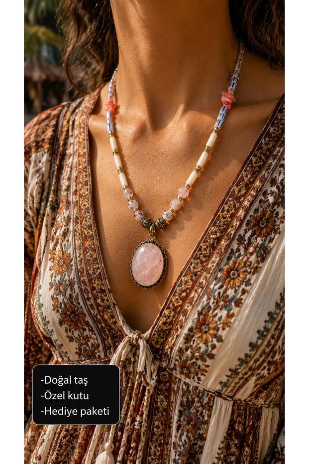 Natural Stone Pink Quartz and Sea Breeze Design Handmade Women's Necklace