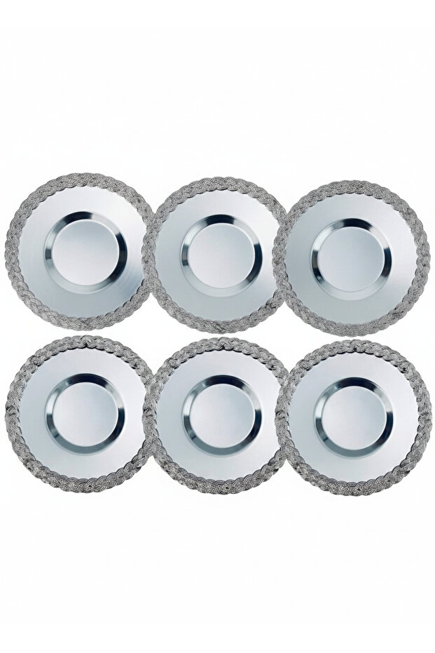 Premium Wicker Weave Series 6-Piece Tea Plate Set - 12.5 cm Stainless Steel Serving Tray, Silver & Silver Frame