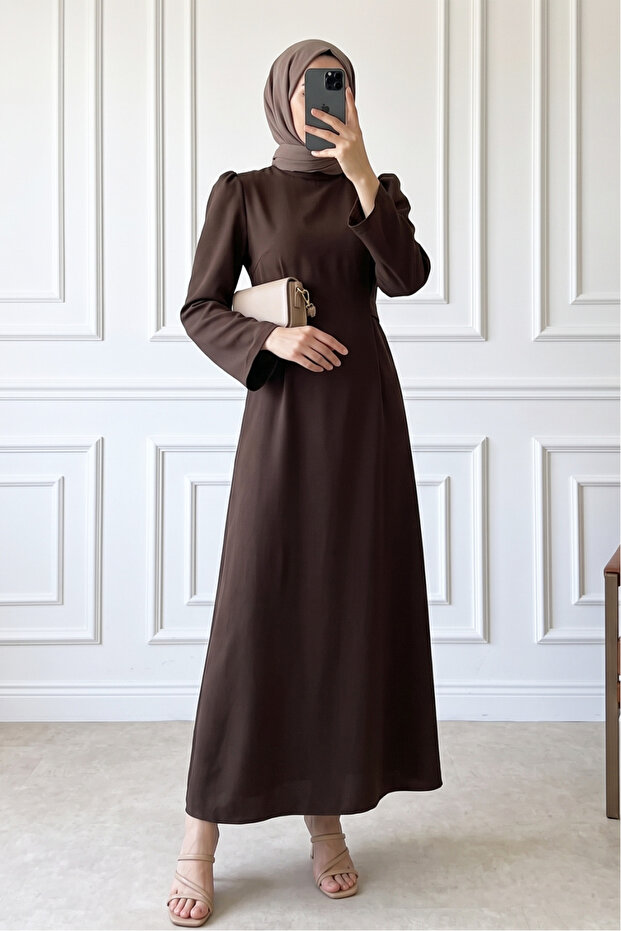 Tie-Waist Long Dress with Back Zipper - Earth Tone