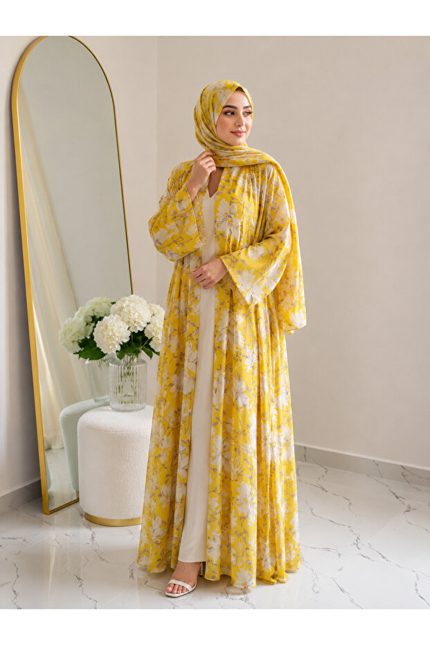 Yellow chiffon printed Abaya&Hijab
