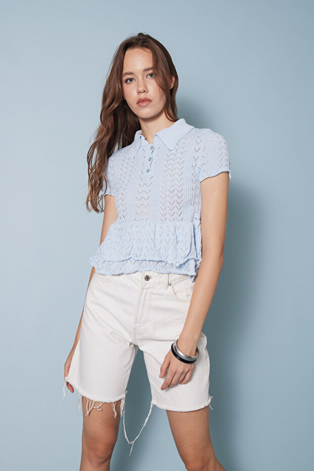 Firfirli Polo Collar Knitted Blazer Baby Blue