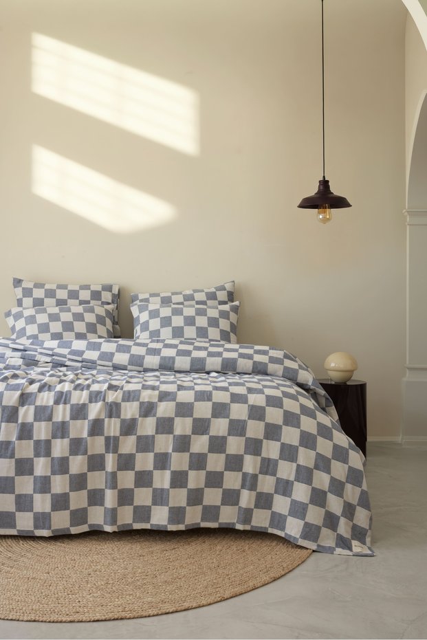 Checkered Navy Blue Colored Double Bedspread Set 100% Cotton 220*240