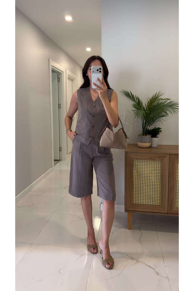 Frella Khaki Belted Vest Suit