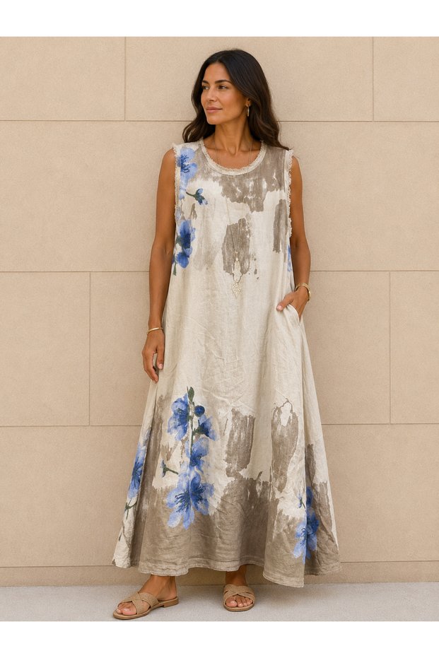 Women's Original Italian Raw Linen Fabric Sleeveless Long Dress Oversize 44-48
