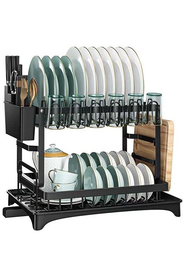 Double-layer kitchen dish drain rack | Carbon steel rust-proof cutlery storage rack with knife cup rack and cutting board rack | Rotatable drain port | Foldable design, large-capacity storage