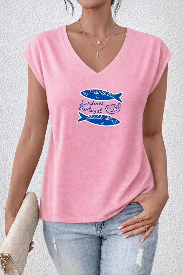 Women's Mix Printed V-Neck Sleeveless Regular Fit Comfortable T-Shirt