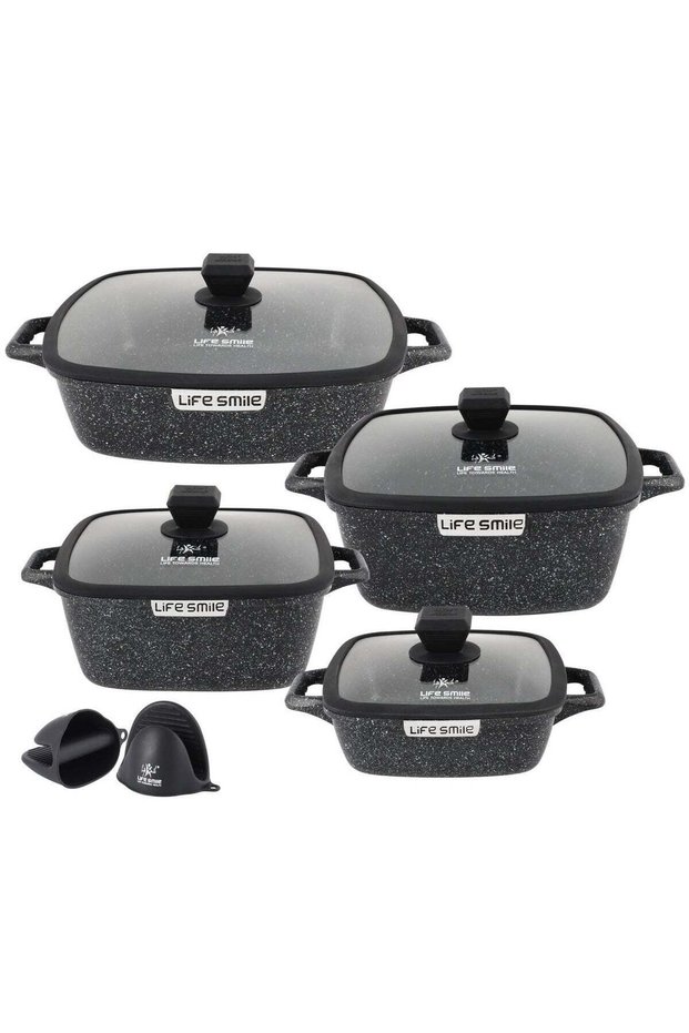 Life Smile Granite Nonstick Cookware Set with Lids & Silicone Gloves – Induction Compatible Aluminum Pots, PFOA-Free, Scratch Resistant
