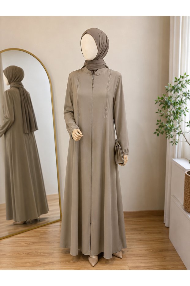 Medina Silk Fabric with Stone Embroidery, Zipper, High Collar, Ferace, Mink Color