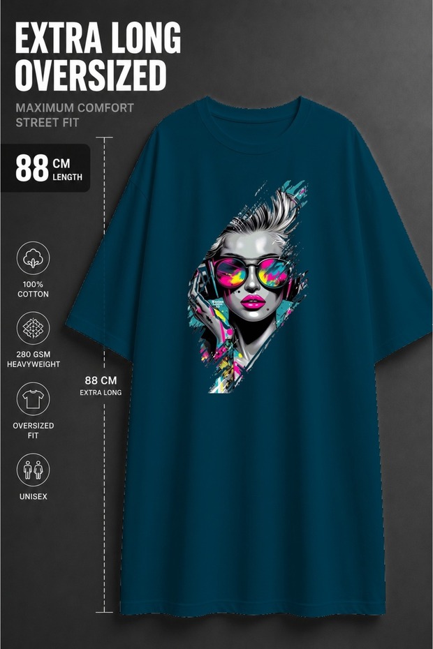 Unisex Extra Long Oversized Cool Women's Printed T-Shirt with Neon Glasses