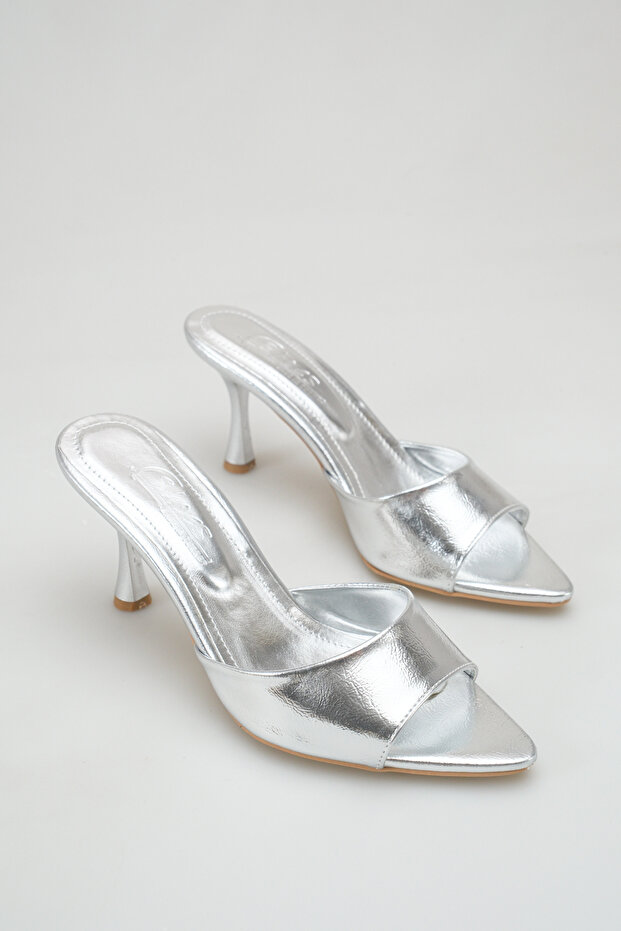 Women's Heeled Slippers – Mirrored Metallic Open Toe Thin Heel Evening Dress Slippers 9 cm