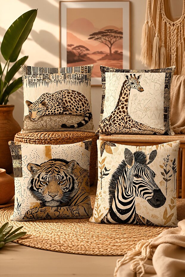 Drawing African Animals Patterned 4-Piece Throw Pillow Cover Set