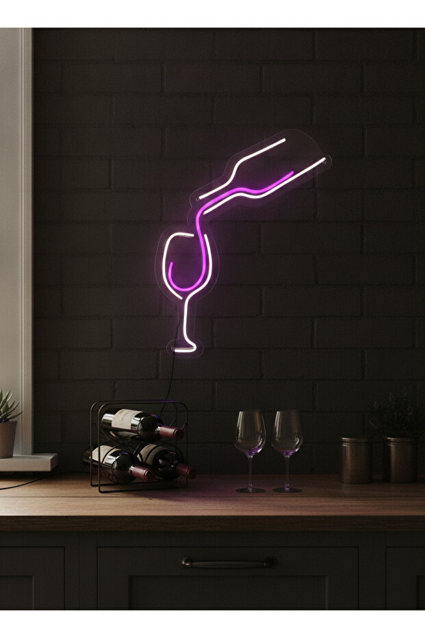 Şarap Kadehi LED Neon Duvar Tablosu | Beyaz Mor Aydınlatmalı Modern Dekor | Mutfak Bar - 2
