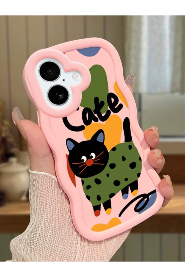 iPhone 16 Plus Compatible Case with Camera Protector Pink Silicone Couple Phone Case Cat Pattern